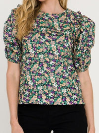 Peach Lilac Floral Puff Sleeve Blouse