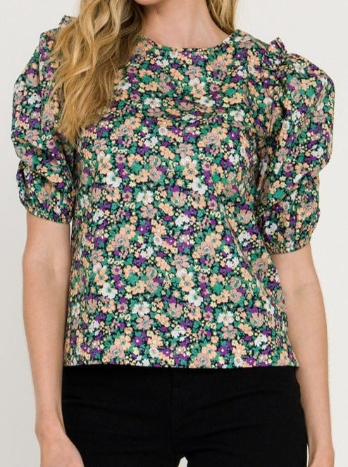 Peach Lilac Floral Puff Sleeve Blouse
