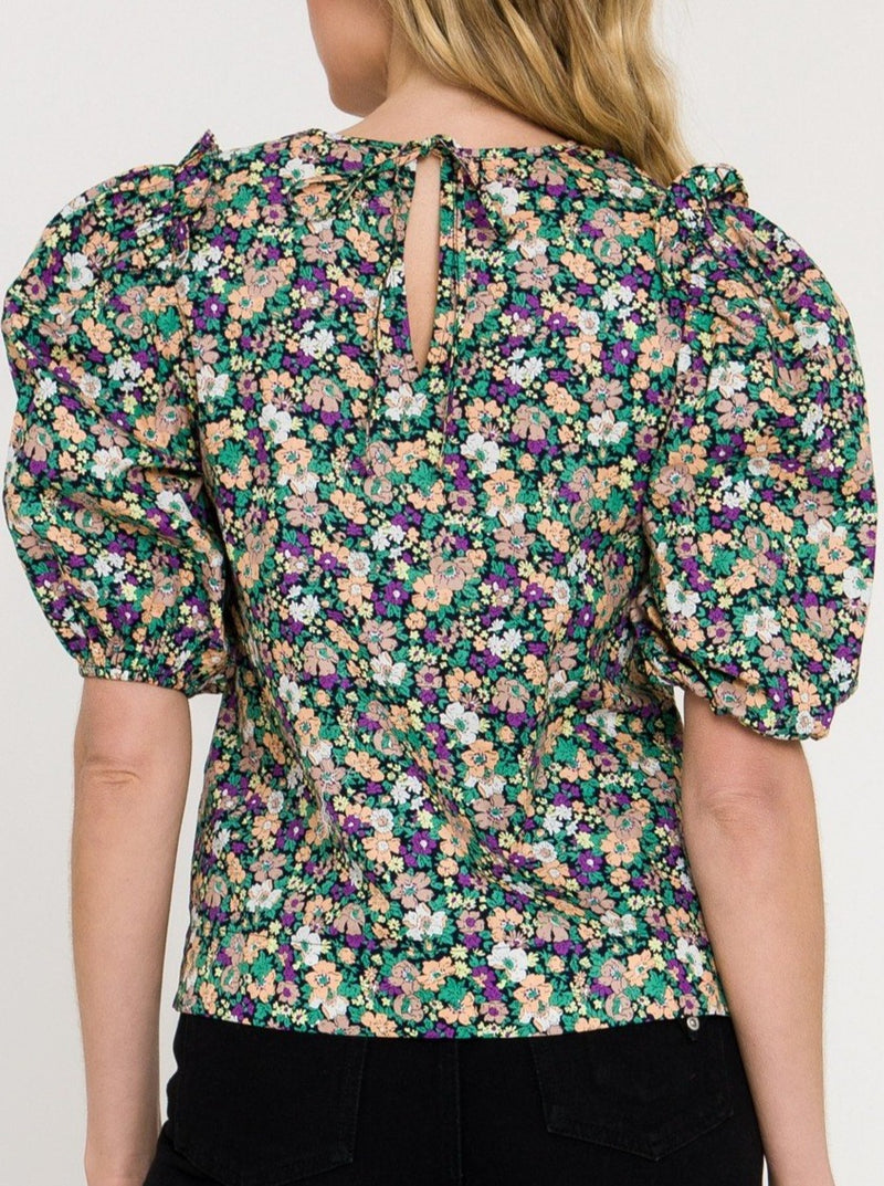 Peach Lilac Floral Puff Sleeve Blouse
