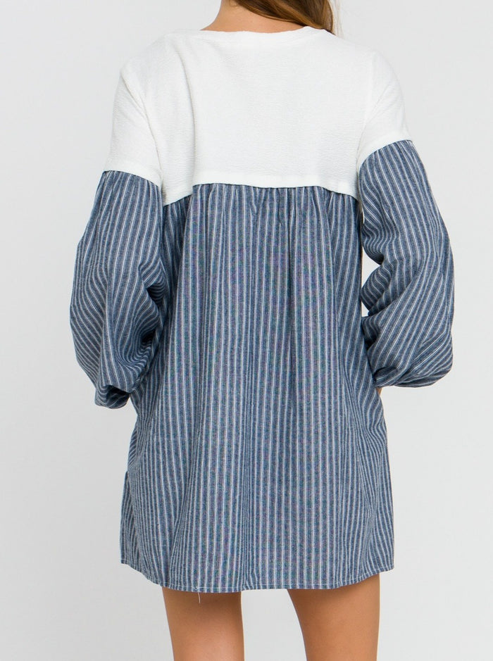 Contrast Denim Balloon Sleeve Swing Dress